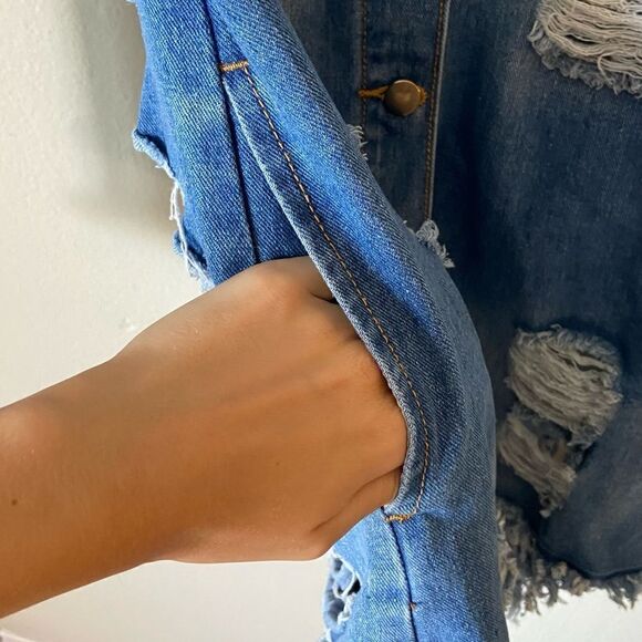 American Bazi Denim Blue Jean Jacket Distressed Long Length Size M - Picture 8 of 10